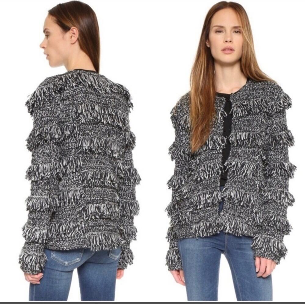 Generation Love Fifi Fringe Black White Marled Knit Jacket Medium New Tag